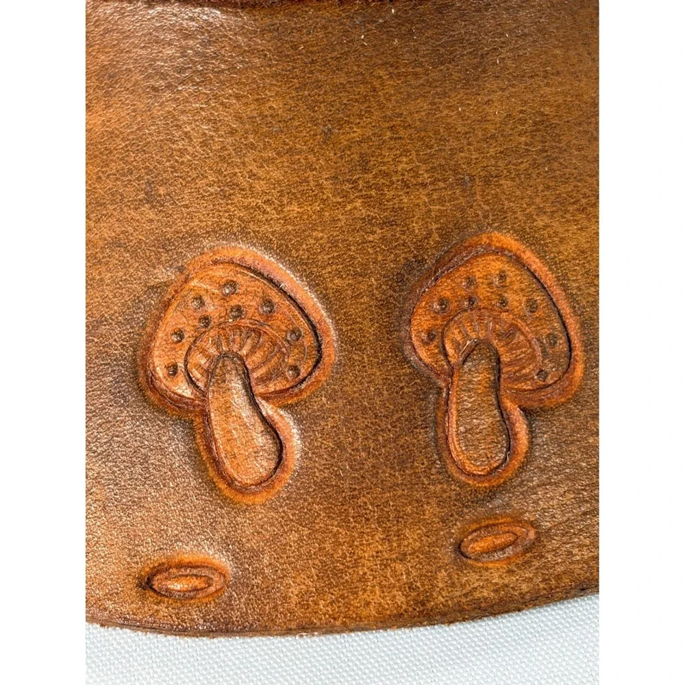 Vintage Hand Tooled Leather Mushroom 70s Visor Boho Hippie Mexico Adjustable Hat